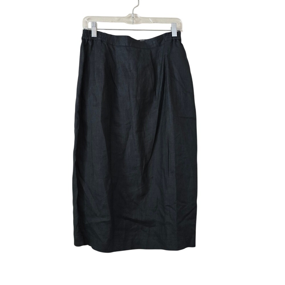 Ann Gerlin Black 100% Linen Midi Skirt Elastic Waist Pockets Size 12